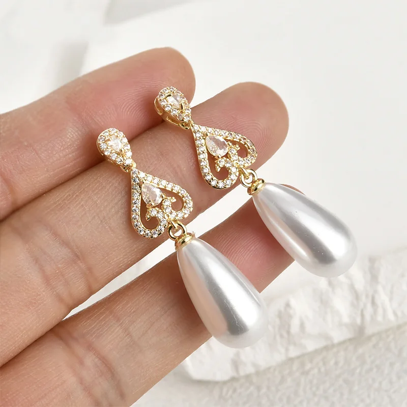 Copper Plated 14k Gold Color Retention Temperament Inlaid Zircon Lace with Pearl Holder Studs DIY Handmade Earrings Accessories