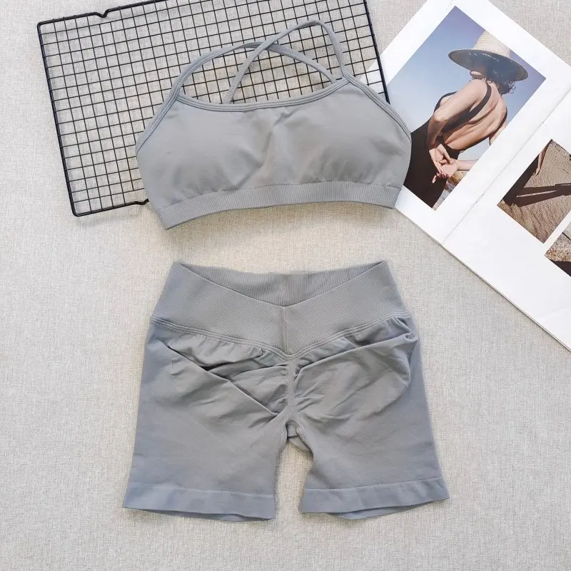 Nahtloses, schnelltrocknendes Fitness-Set für Damen: Sport-BH und Hüftstraffende V-Taille Yoga-Shorts, Pilates-Trainingskleidung, Gym-Set – Detail 16