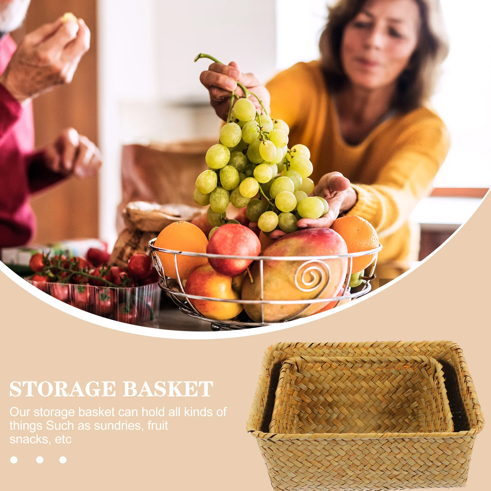 

2pcs Seagrass Storage Basket Desktop Organizer Sundries Box For Home Office School Woven Storage Bin Large Capacity