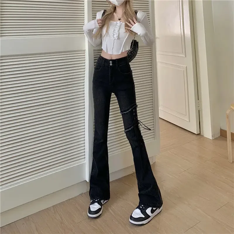 Pants for Woman Flared Bell Bottom Skinny High Waist Shot with Pockets Flare Trousers Slim Fit Black Women's Jeans Stretched R Z