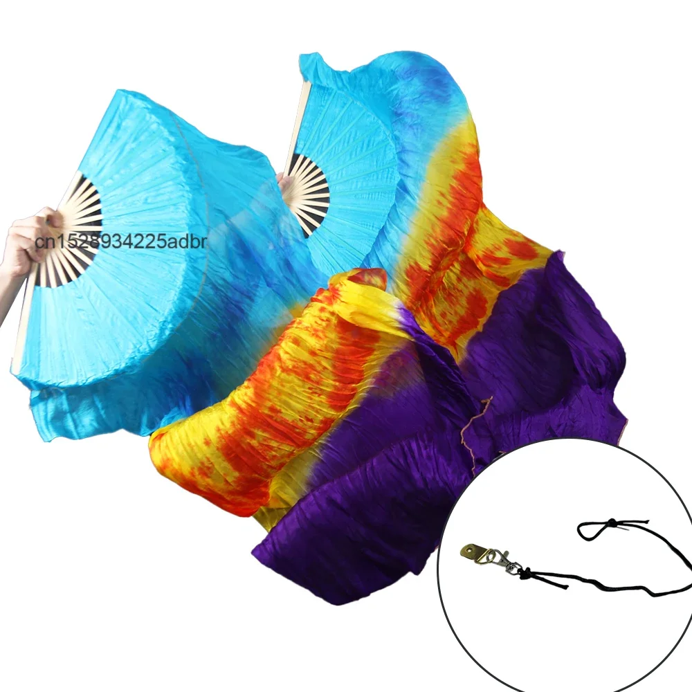 100% 실크 부채, 댄스용 접이식 실크 부채, 중국식 그라데이션 수제 염색 부채, 타이다이 로프 스윙 부채 1쌍