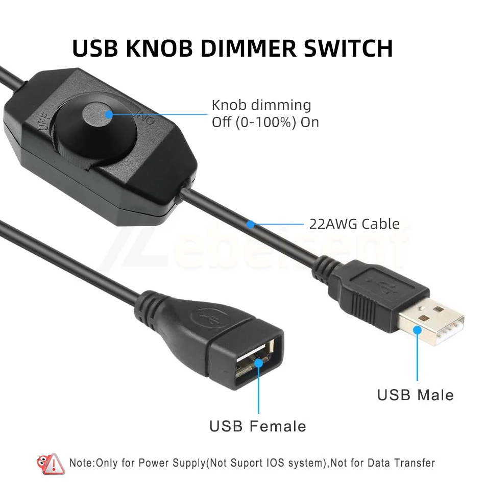 Cable USB macho a hembra con interruptor de encendido/apagado, perilla de botón blanco y negro, controlador de atenuación en línea táctil para
