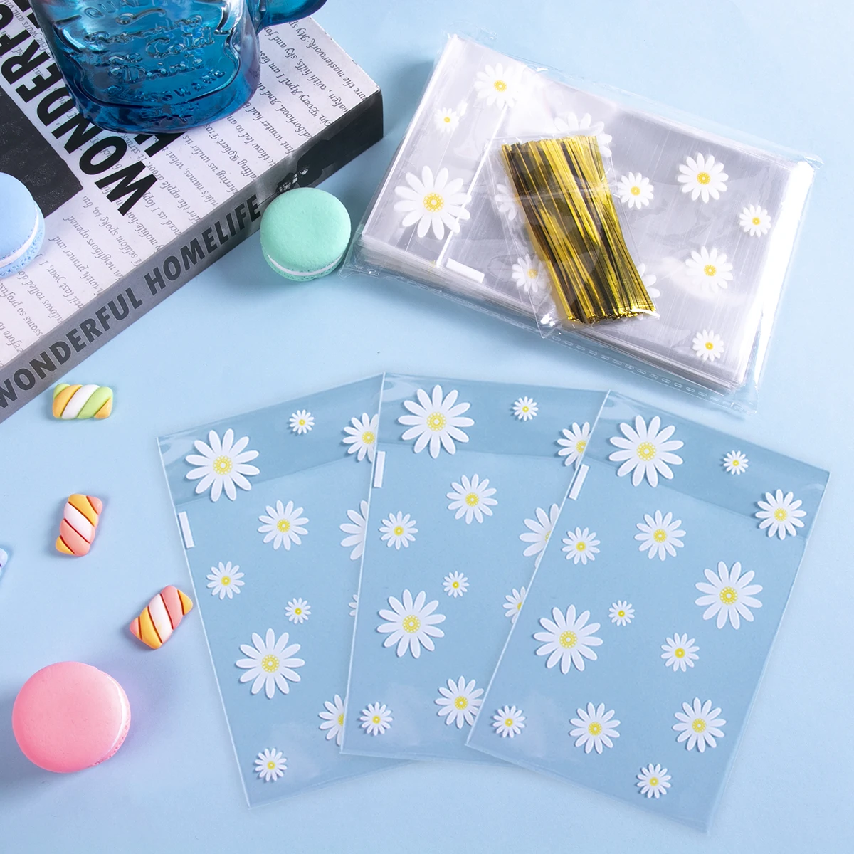 50 Stuks Daisy Snoepzakken Transparante Bloem Koekjes Bakverpakking Zak Bruiloft Verjaardagsfeestje Diy Geschenken Verpakking Benodigdheden