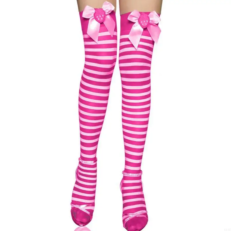 Fashion Fashion High Stocking Strawberry Bowknot rayas sobre calcetines rodilla Festival calcetines largos