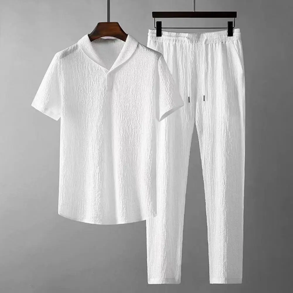 Men Shirt Trousers Set Turn-down Collar Elastic Waistband Pleated Outfit Short Sleeve Shirt Drawstring Long Pants Male Clothing