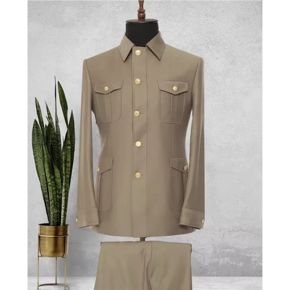 Safari Men Suits 2 Pieces Stand Collar Single Breasted Suits for Man Jacket with Pants Zhongshan Suit Wedding Tuxedos Groom - Image 3