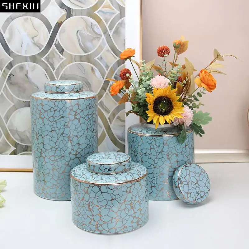 

Gold Plated Cracked Texture Storage Jar with Lids Desk Decoration Imitation Marble Ceramic Jewelry Jars Cosmetic Containers