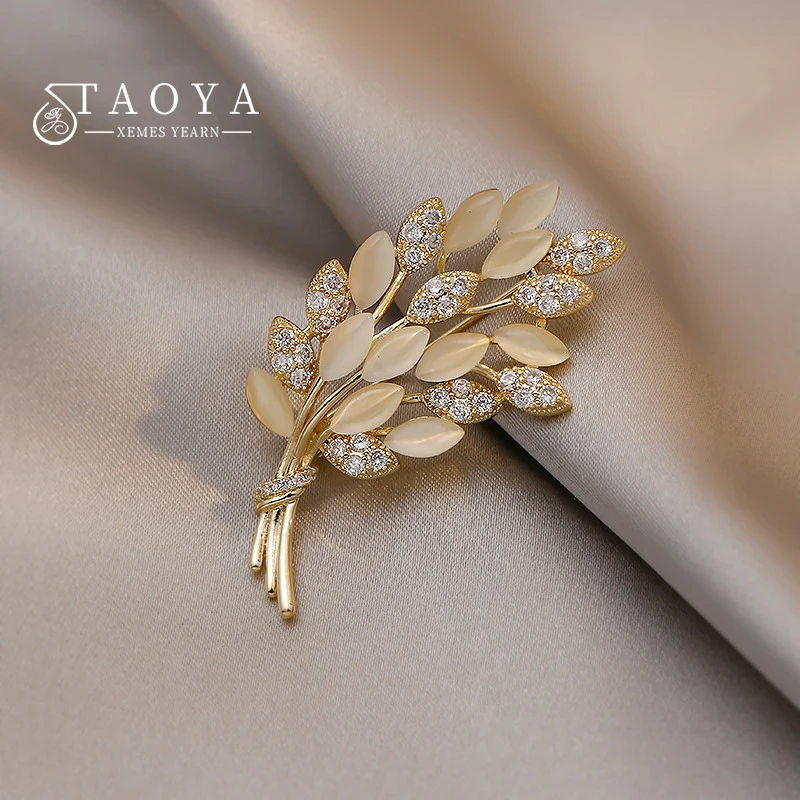 High-end Micro Inlaid Zircon Opals Wheat Ear Shaped Gold Color Brooches 2025 Trendy Jewelry For Women Elegant Badges and Pins