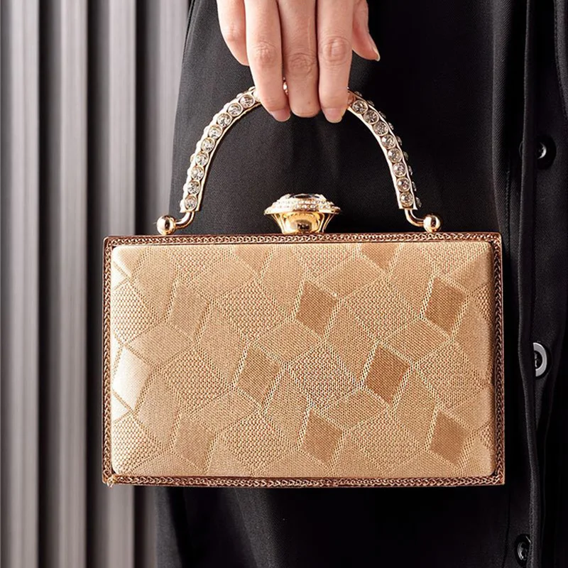 

Women Diamond Square Evening Bag with Metal Handle and Long Chain Wedding Dinner Party Festival Clutch Bags Elegant Handbag