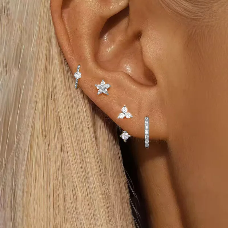 4PCS Mode Zirkon Runde Hoop Ohrring Set Frauen Temperament Blume Ohr Stud Huggie Ohrring Tragus Piercing Knorpel Schmuck