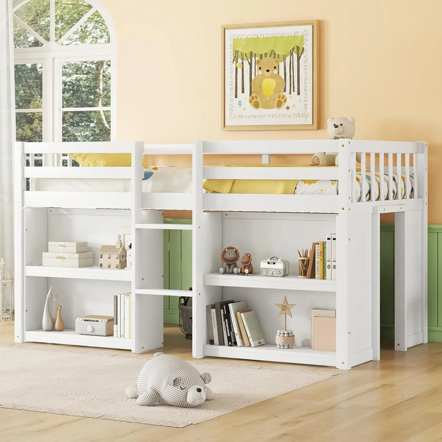 

Twin Size Low Loft Bed for Kids with Storage Shelves, LED Light, Space Saving, White