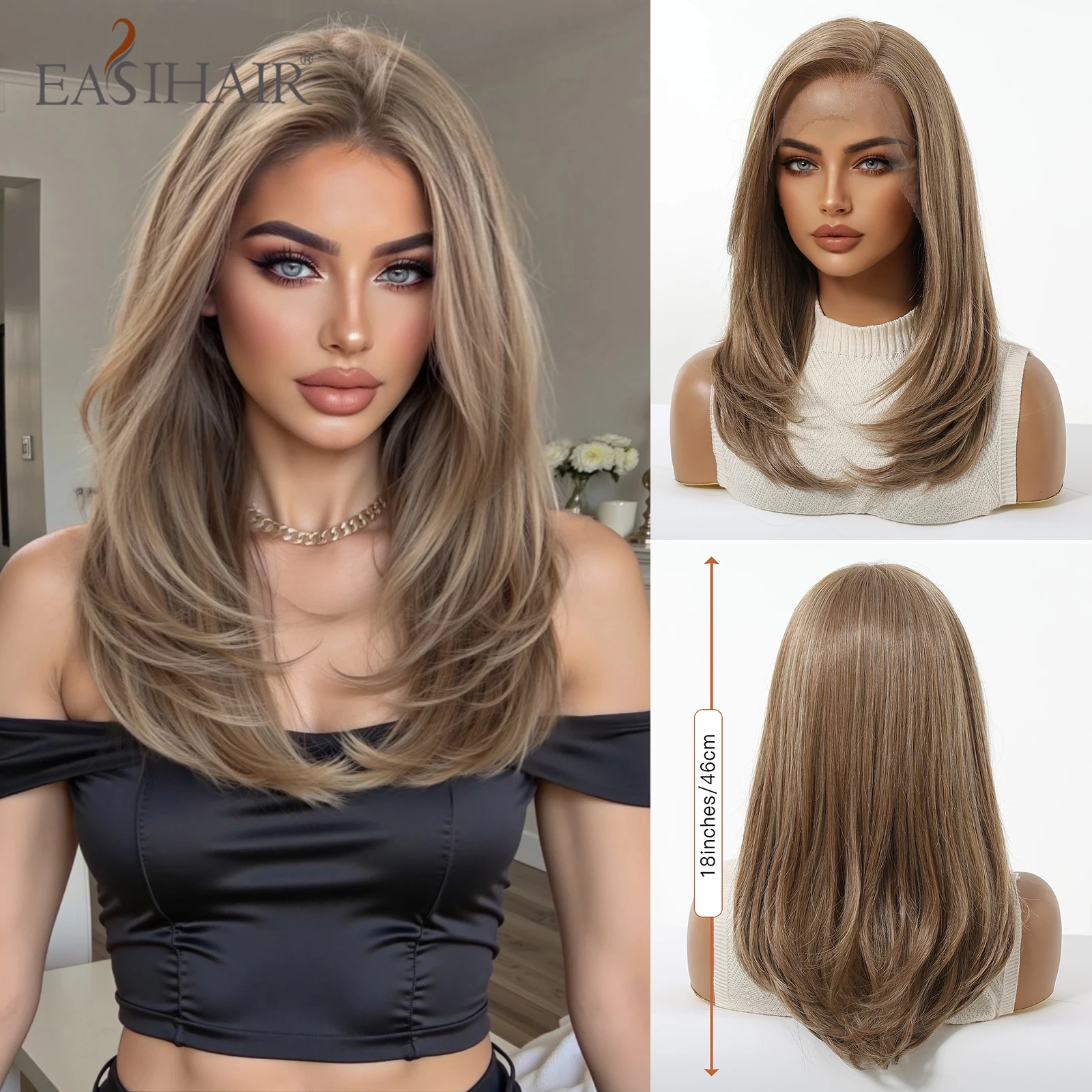 

EASIHAIR Коричневые прямые многослойные синтетические парики на шнурке для женщин Длинные коричневые 13*6 Парики из натуральных волос на фронтальной части волос Ежедневное использование