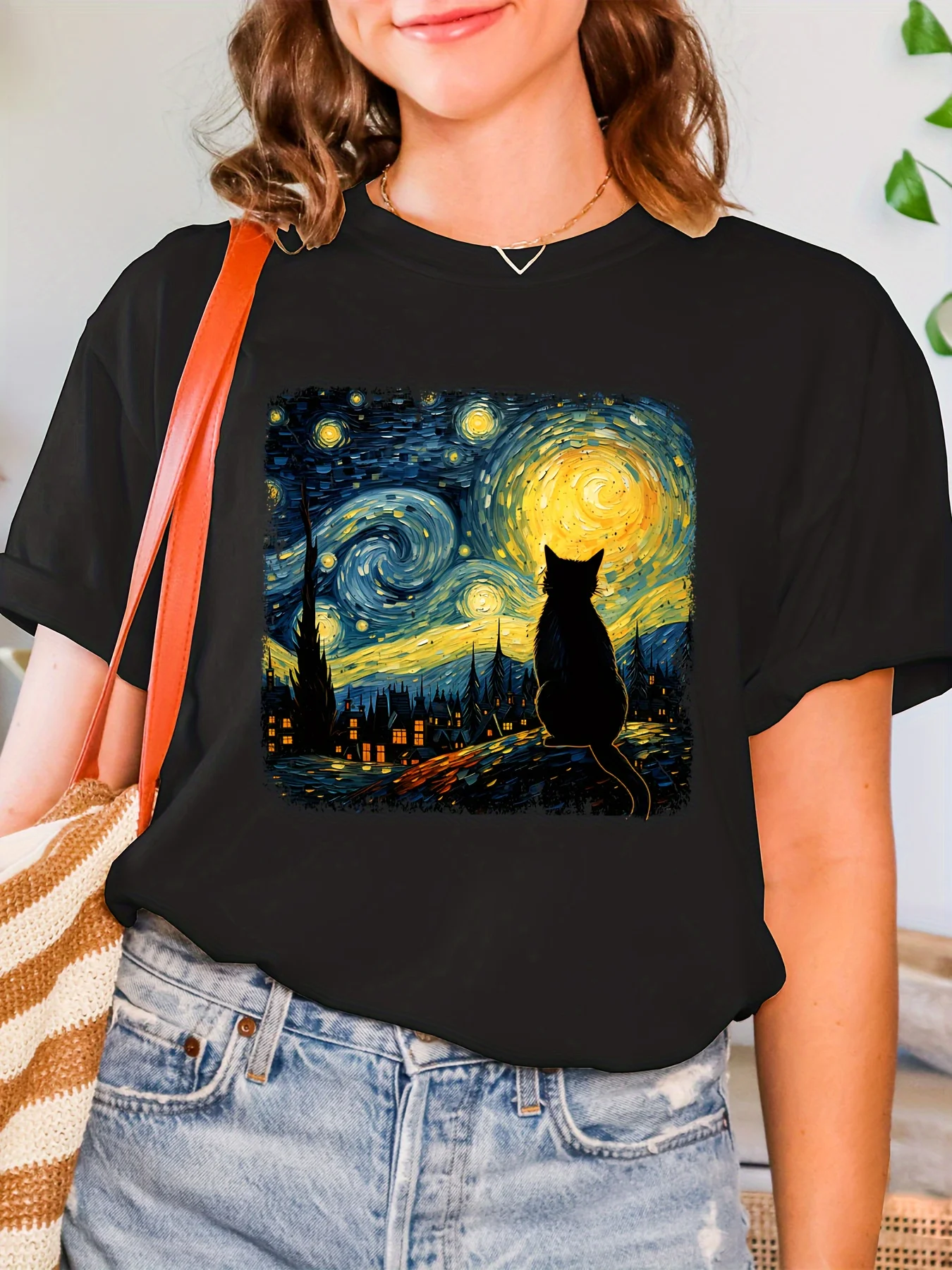 Van Gogh Starry Night Cat Print T-shirt WHarajuku Short Sleeve Casual Women's T-shirt Clothing Street Aesthetic Clothes