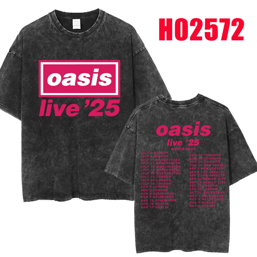 Rock Band O-Oasis Live 25 Tour 2025 Washed T Shirt Men\'s Hip Hop Vintage T-Shirt Oversized Cotton T Shirts Fans Gifts Streetwear