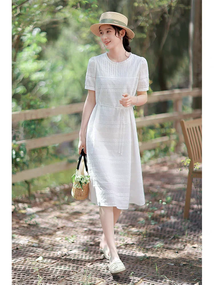 White Cotton Summer Dress Women Elegant Hollow Out Embroidery O-neck Short Sleeve Slim Waist Casual Dresses Vestidos Robe Femme