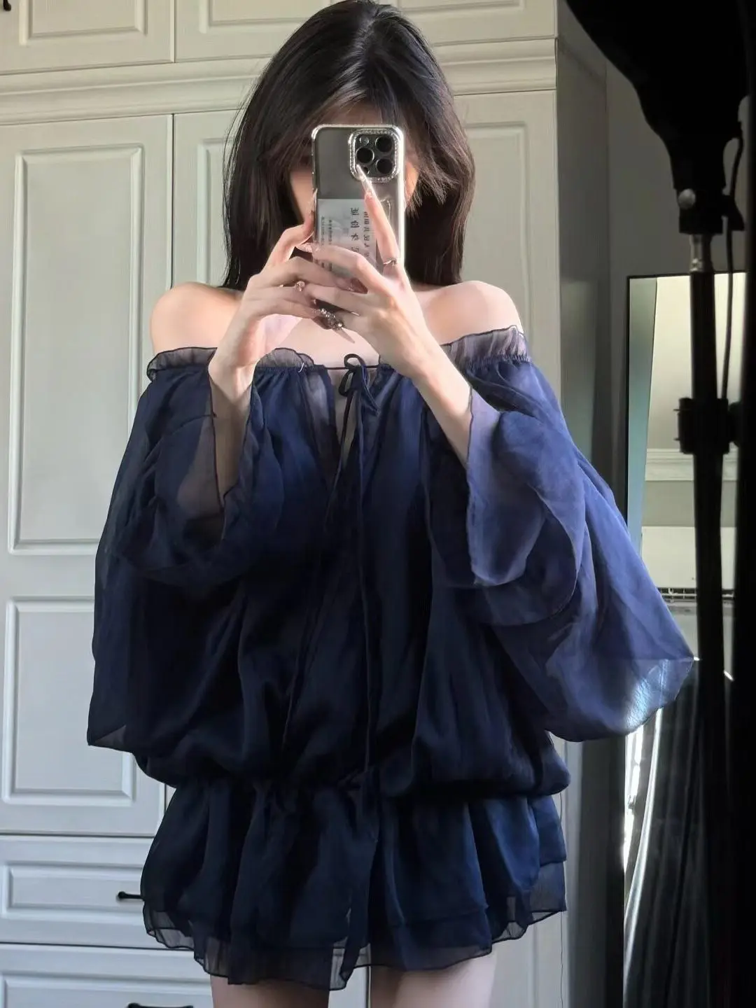 plus Size Summer Fashion Pure Desire Drawstring Mesh Long Sleeve Shirt Versatile Shoulder Bared Women's Casual Top