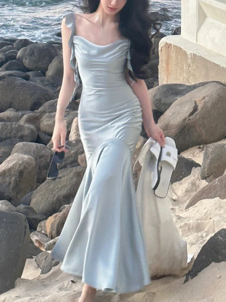 Jielur 우아한 새틴 스트랩 미디 원피스 여성용 빈티지 캐주얼 이븐 파티 드레스, 퓨어 컬러 원피스 원피스, 한국 패션, 여름
