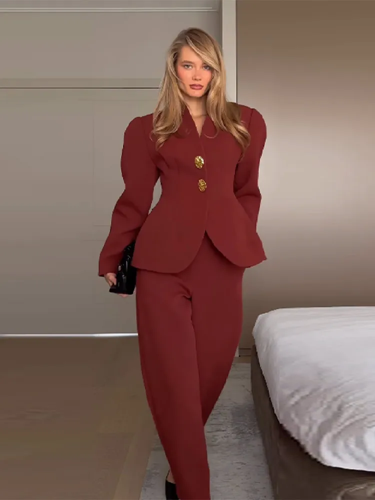 بدلة أنيقة سترة فستان أطفال مع سروال داخلي المرأة ضئيلة الخامس الرقبة نفخة الأكمام زر واحد السترة الصلبة مستقيم بانت 2025 سيدة مكتب الزي #6