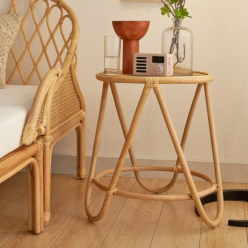 

Japanese Rattan Woven Small Coffee Tables Simple Modern Creative Side Table Living Room Furniture Sofa Double Layer Side Cabinet
