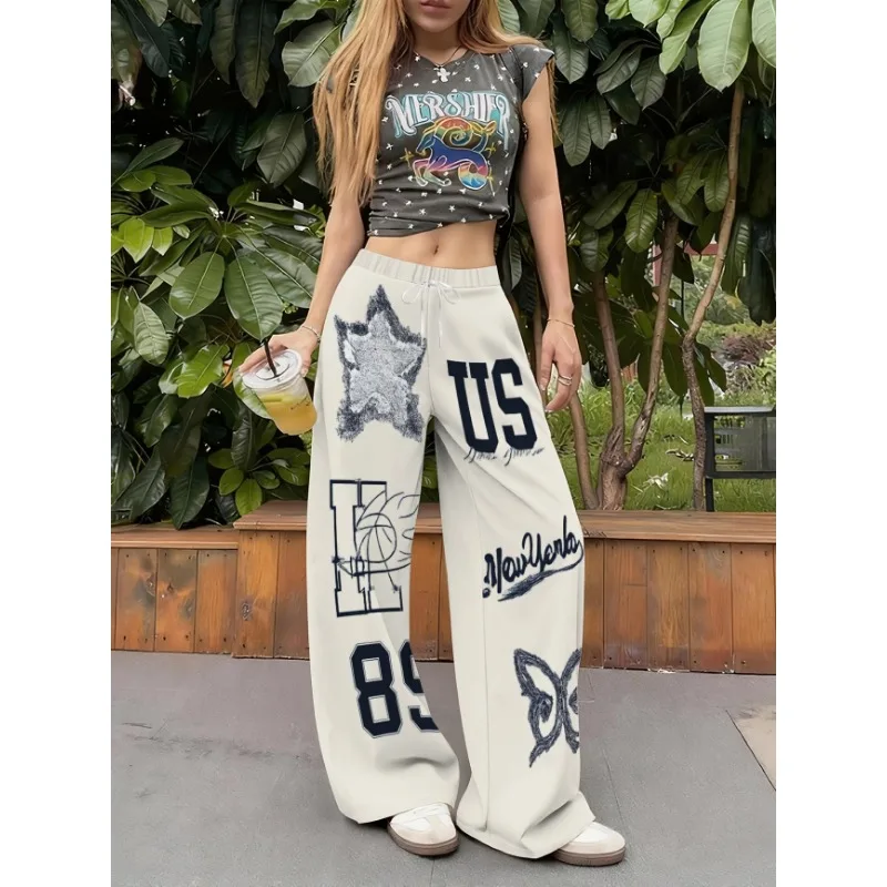 2026 Women Vintage Letter Butterfly Basketball Print Quick Dry Wide Leg Pants Y2K Streetwear Elastic Loose Casual Sport Trousers