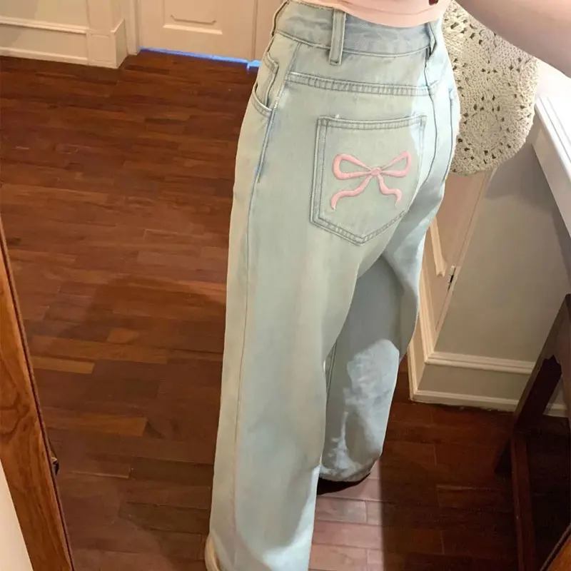 Women's Clothing Bow Stylish Embroidery Jeans High Waist Spring Summer Button Straight Denim Pants Sweet Wide Leg Loose Trousers