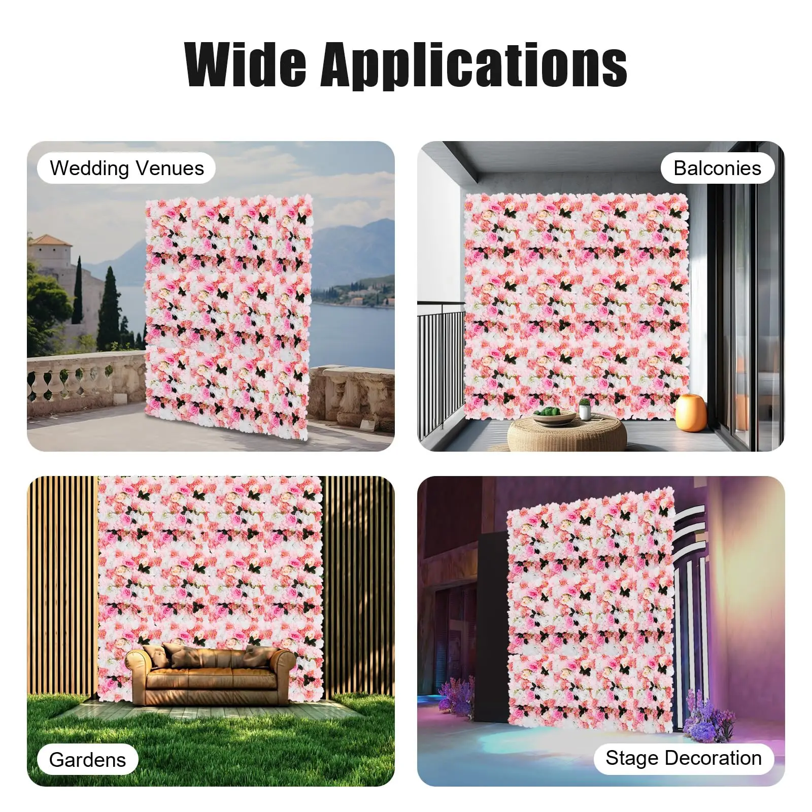 Loyalheartdy Paquete de 12 paneles de pared de flores artificiales, 24 "X 16", paneles de fondo de flores artificiales de rosas sintéticas blancas y rosas para Weddi