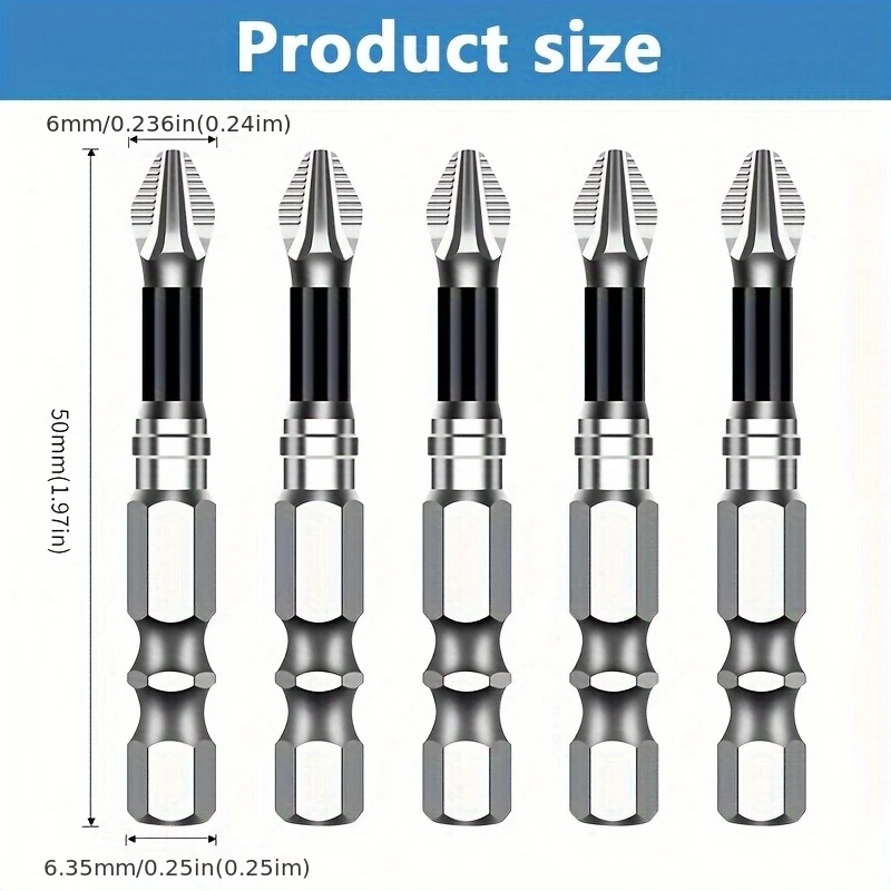 5pcs 50mm PH2 Anti-Slip Screwdriver Bits, S2 Steel, Magnetic Single-End Head, 1/4