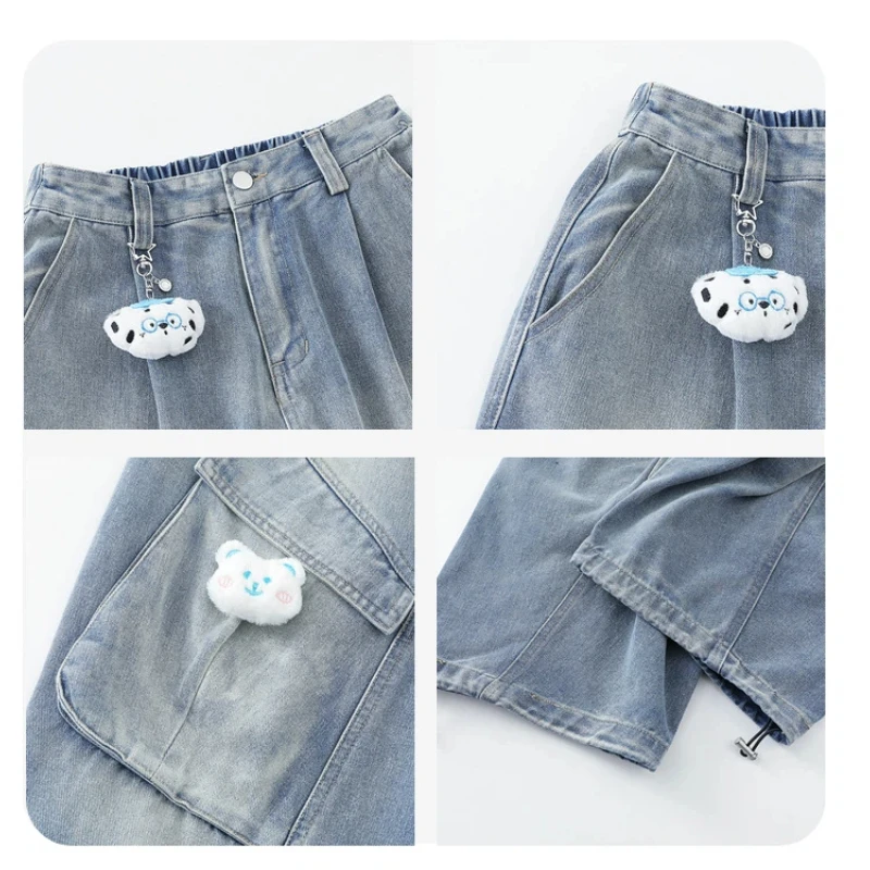 الهيب هوب الشارع الشهير سراويل جينز الرجال جرو التطريز متعدد جيوب الدنيم السراويل الرجال عادية مستقيم بنطال ذو قصة أرجل واسعة النساء