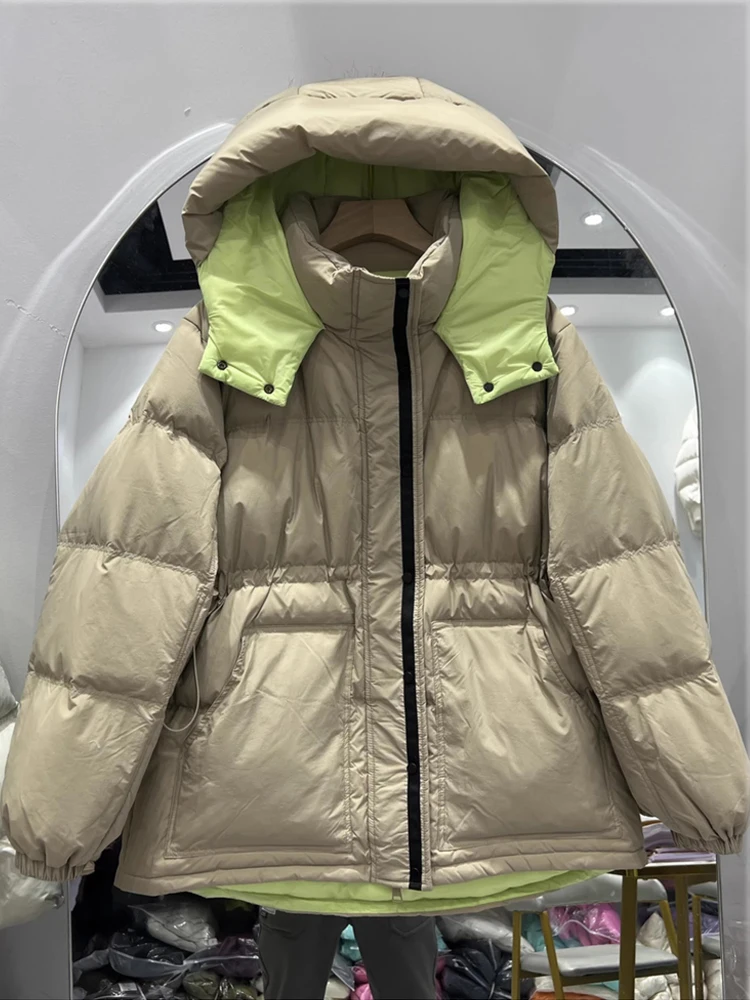 Women Hooded Waist Cincined Thickened Color Contrasting White Duck Down Warm Coat 2025 Winter New Medium length Down Jacket