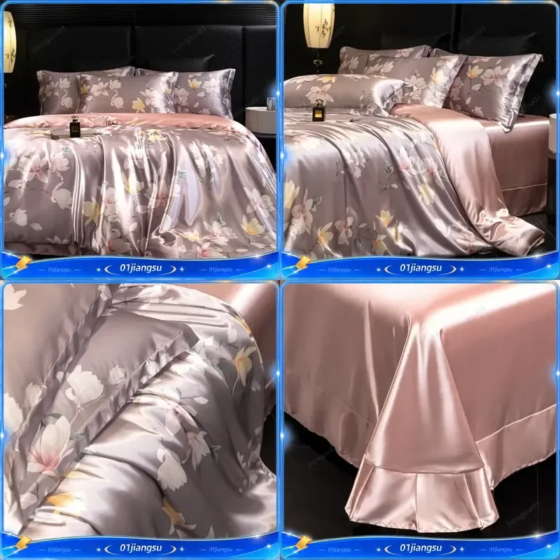 4pcs Luxury Printed Silk Satin Bedding Set Soft Duvet Cover Pillowcase Flat Fitted Sheet Single Double Queen King Size Home