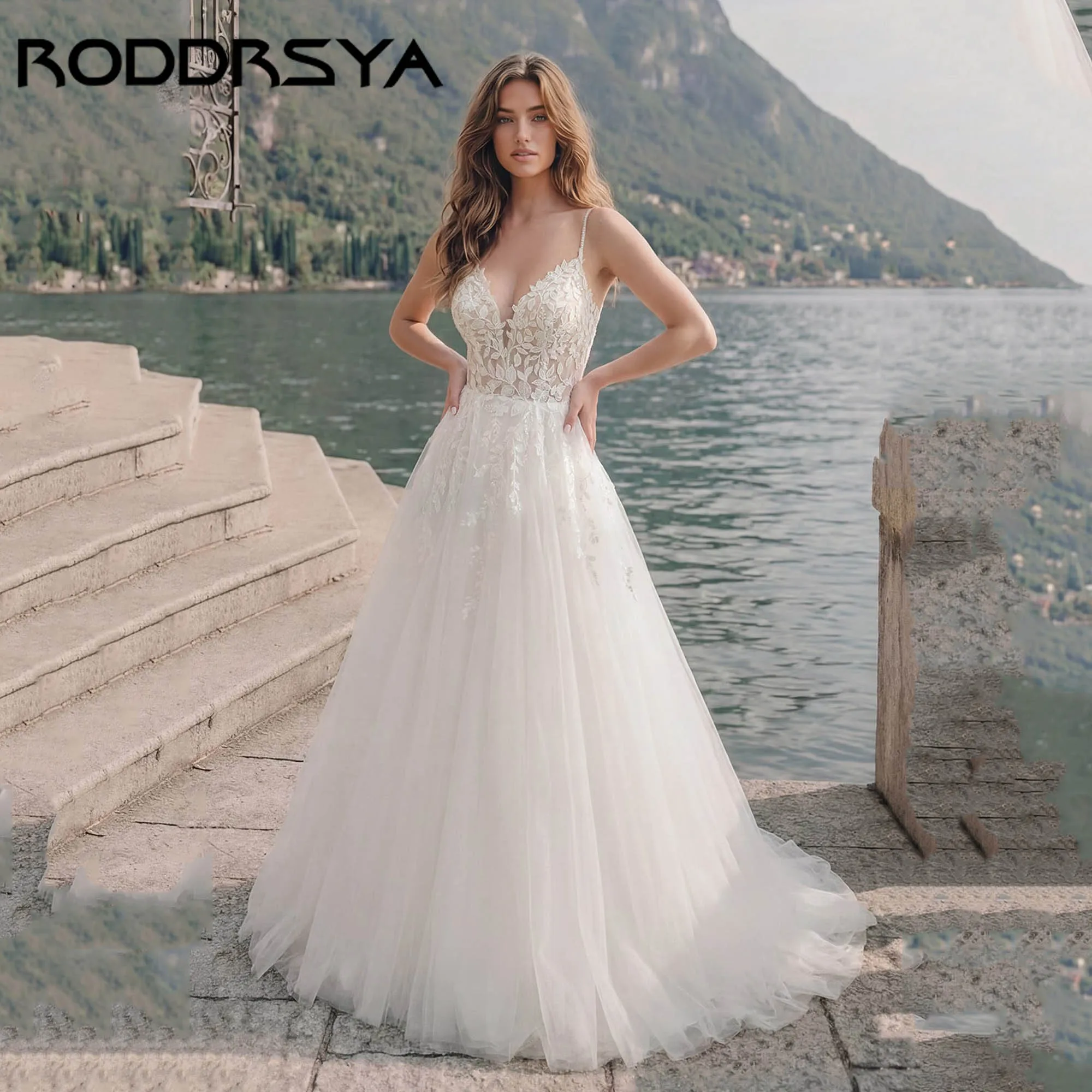

RODDRSYA Customized Lace Wedding Dress Spaghetti Strap V-Neck A-Line Bridal Gown with Detachable Train Beach Wedding Party Dress