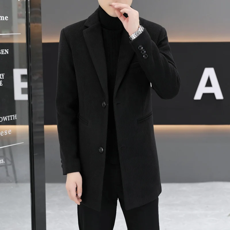 

Мужское шерстяное пальто средней длины, утепленное, повседневное, двубортное, с отложным воротником, модное, в городском стиле, из полиэфирного волокна, однотонное