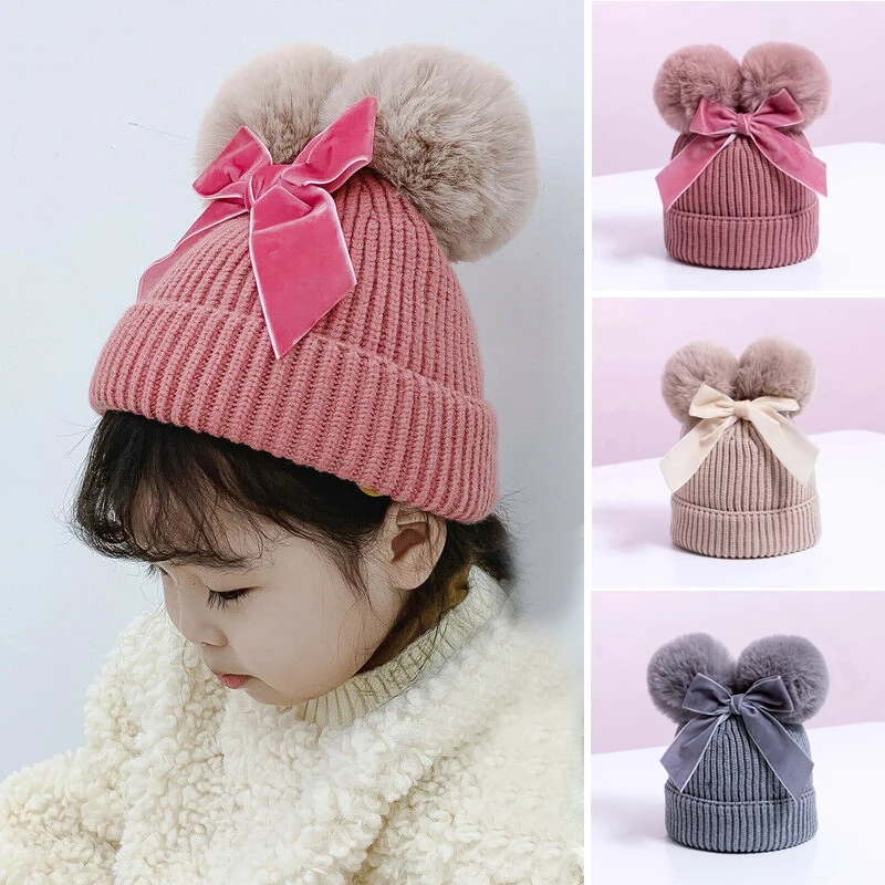 

Baby Girls Cute Bow Knitted Beanie Cap Double Pompom Hat Toddler Kids Children Thicken Skullies Winter Warm Bonnet 6-36M