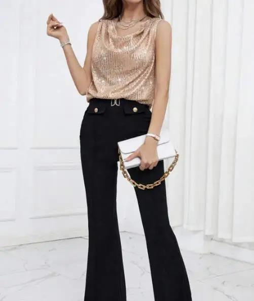 新しい人気の女性用エレガントなノースリーブトップ、Vネック、ストラップレスデザイン、スパンコール、ゆったりとしたディテールブラウス