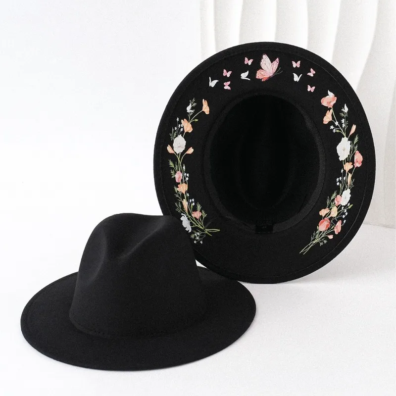 Flat Round Top Australian Pure Wool Felt Hat with Butterfly Flower Design, Silver Thread Ribbon, and Unique Vintage Style