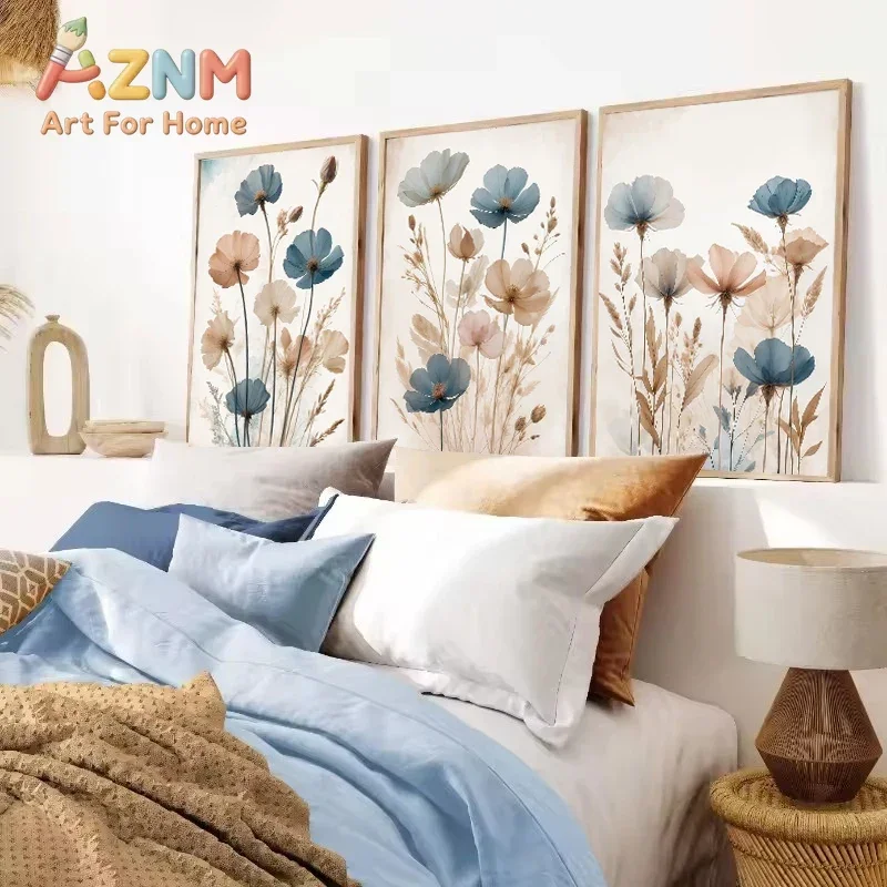 Vintage Blue Beige Wild Flowers Poster Canvas Painting Minimal Wall Art Print Picture Botanical Farmhouse Living Room Home Decor