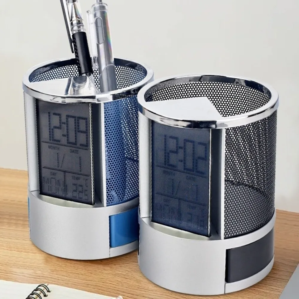 Temperature Detection Pen Holder Clock Multi-Function Circular Design Storage Pen Holder Iron Mesh Digital Alarm Clock Office