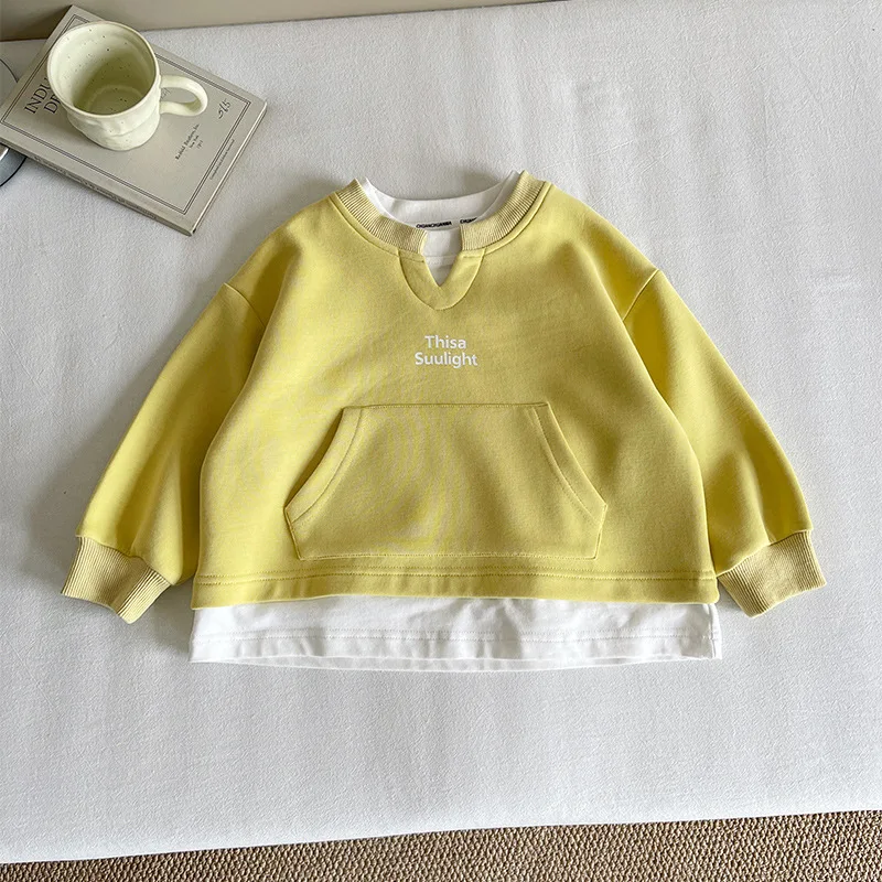 

2025 Autumn New Children's Clothing Korean Edition Fake Two Piece Splicing Hoodie, Trendy Boys' and Girls' Western Style Top