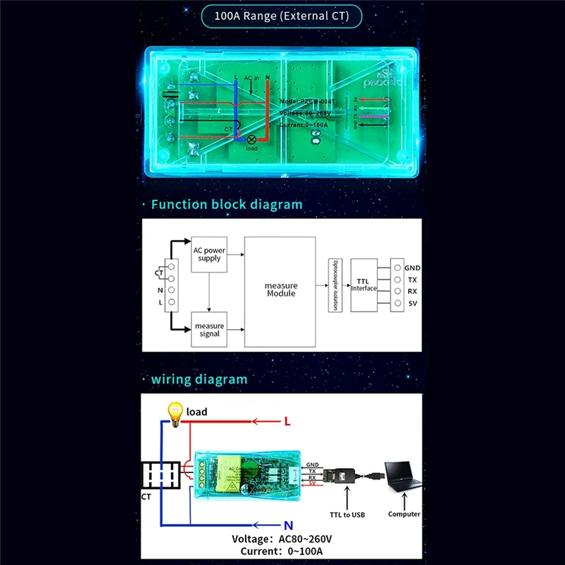 100A PZEM 004T 3.0 pengukur air + kotak + tutup CT Kwh Meter Volt Amp modul uji arus UNTUK Arduino TTL COM2/COM3/COM4