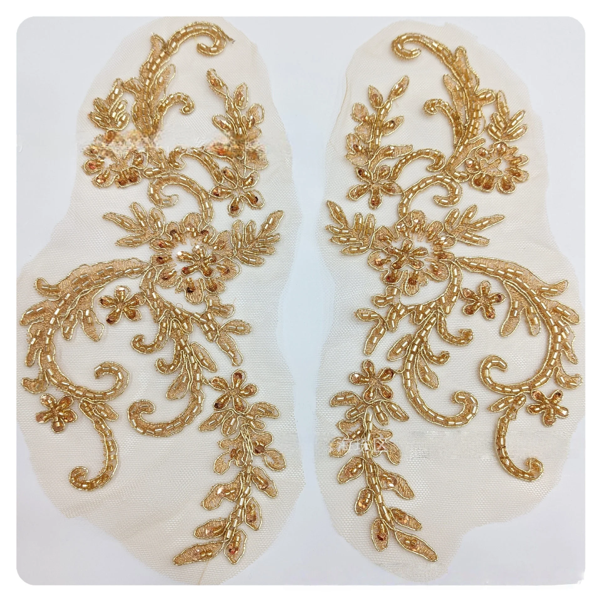 1 Pair DIY Luxury Apparel Embellishment Beaded Tube Embroidered Lace with Sequin Bridal Trim Pattern Matched Appliqued Fabric
