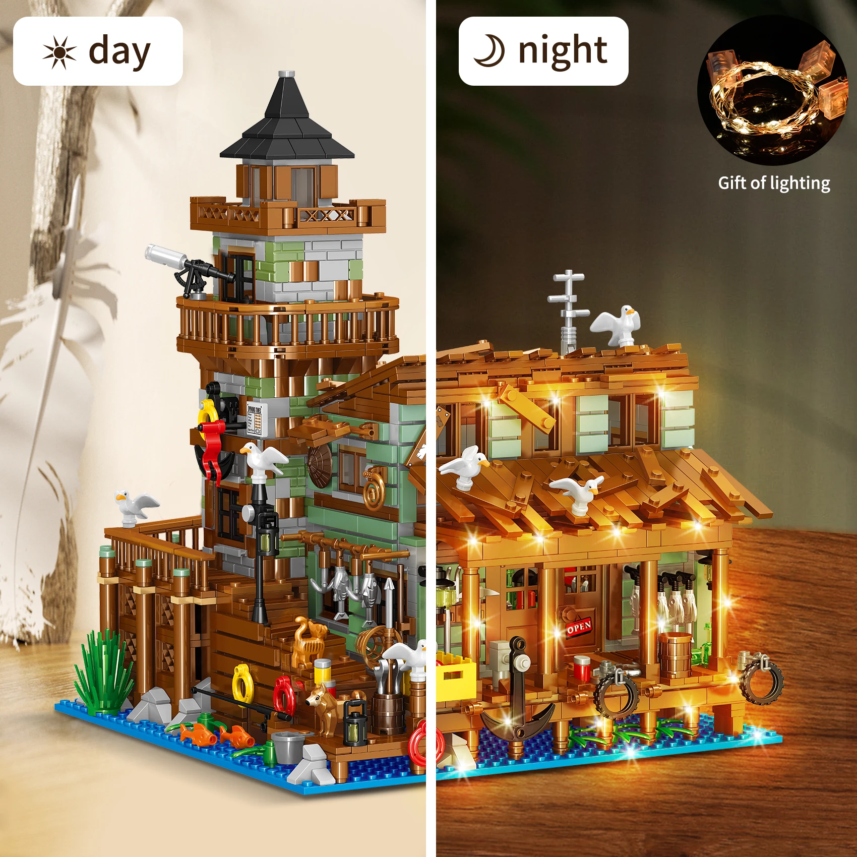 1881PCS Creative Fishing Village Cabin Building Blocks Seaport Wood House Assemble Micro Bricks Toys Gift For Children Kids