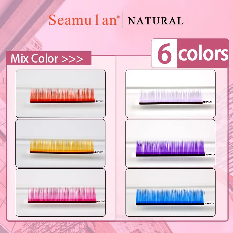 Seamulan Mix Color Eyelashes Make Up High Quality Soft Natural Synthetic Mink Rainbow 6 Colors Mix Eyelash Extension Supplies