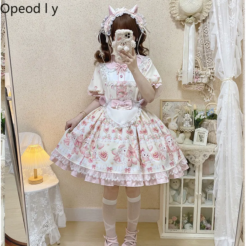 

Cute Doll Feeling Japanese Original Lolita Sweet Dress Cartoon Print Doll Collar Princess Short Sleeve Dress for Woman
