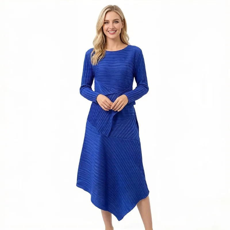 

Плиссированный костюм Miyake 2026 Весна/Лето: Новинка, модный, омолаживающий, свободный крой, с эластичной талией, асимметричный комплект из двух предметов для женщин