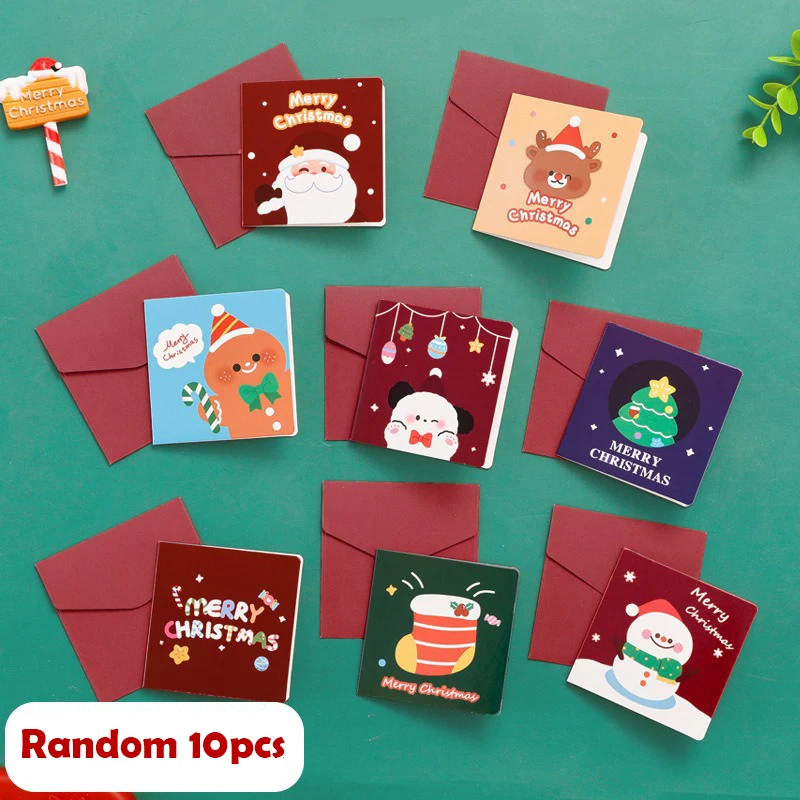 

10Pcs Cartoon Christmas Greeting Cards Kids Mini Christmas Blessing Greeting Card Universal Festival Message Card