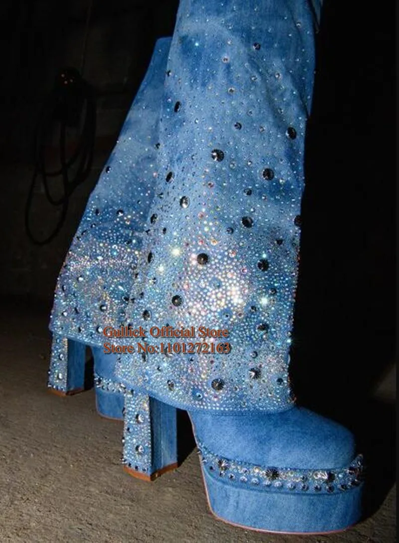 Glamorous Diamonds Denim Boot Covered Chunky Heel Rhinestone Platform Jeans Fold Over Shark Boot Round Toe Slip On Long Boots