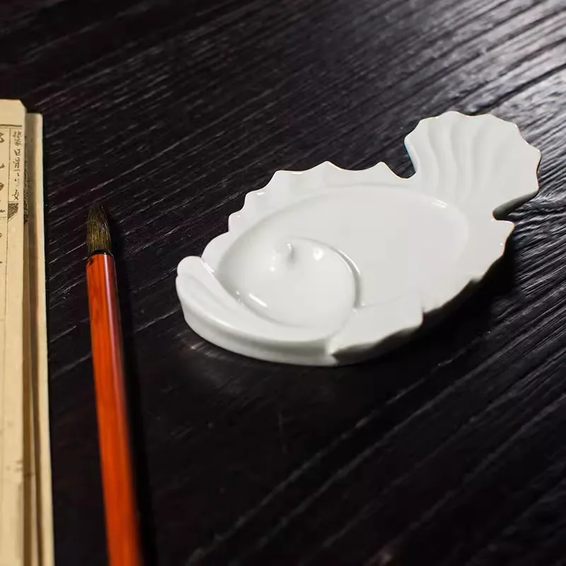 Creative Fish Shape Ceramic Ink Stone & Brush Rest, 2-in-1 Multifunctional Pen Holder for Calligraphy,Desk Decor