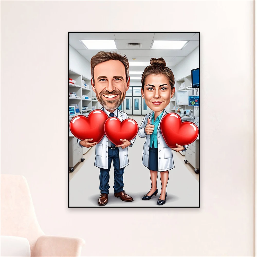 Custom Dental Assistant Couple Cartoon Portrait Poster Dentisit Doctor Caricature from Photo Prints Funny Canvas Painting Gifts