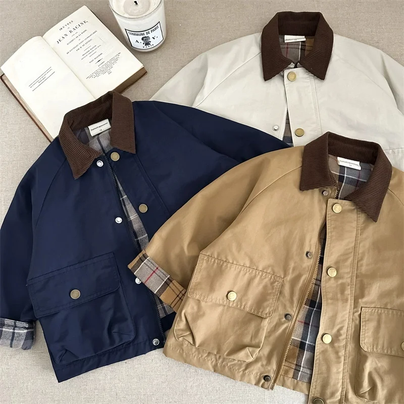 2025 Fashion Spring Autumn Kids Boys Windbreaker Plaid Spliced Pocket Long Sleeve Toddler Boys Outerwear Coat Children Jackets