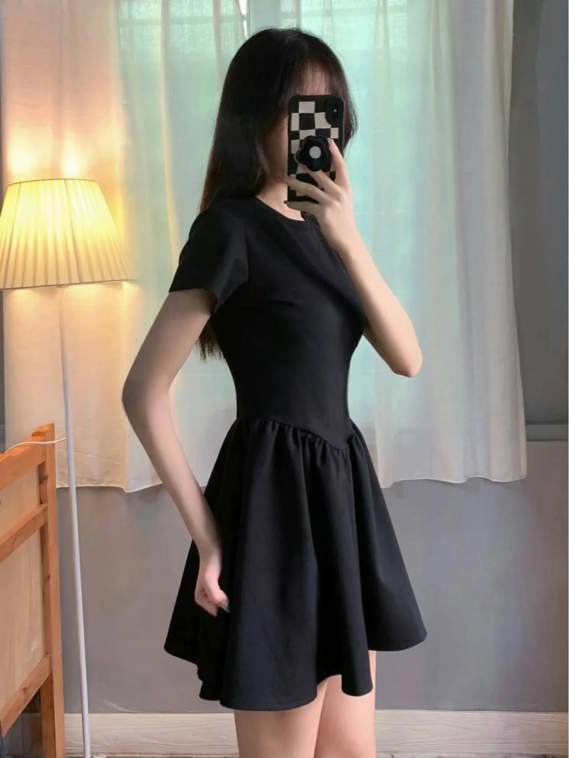 Petite Black Dress High-End Knit Spring Summer Cinched Waist A-Line Slimming O-Neck Short Sleeve Mini Stylish for Junior Ladies